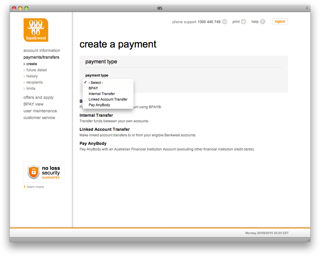 Screenshot of Bankwest online banking's create a payment screen
